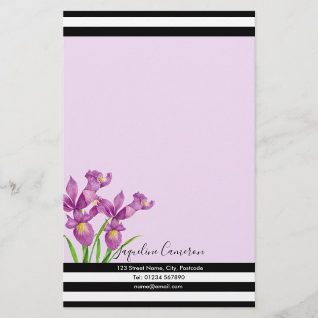 Watercolor Purple Iris Botanical Illustration Stationery (Front)