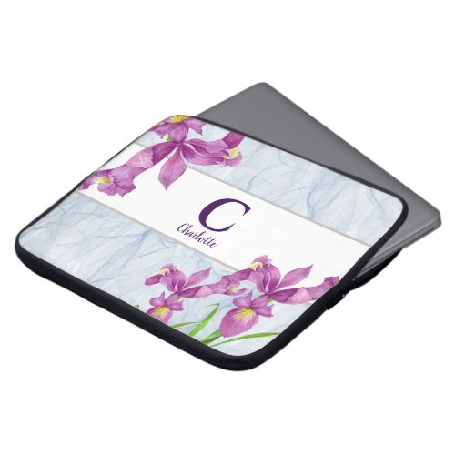 Watercolor Purple Iris Botanical Organza Monogram Laptop Sleeve
