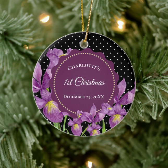 Watercolor Purple Iris Botanical Polka Dots Ceramic Ornament (Tree)