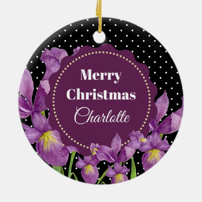 Watercolor Purple Iris Botanical Polka Dots Ceramic Ornament (Back)