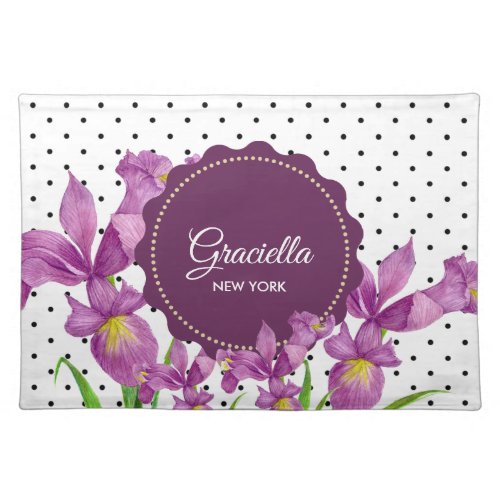 Watercolor Purple Iris Botanical Polka Dots Cloth Placemat