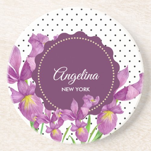 Watercolor Purple Iris Botanical Polka Dots Coaster