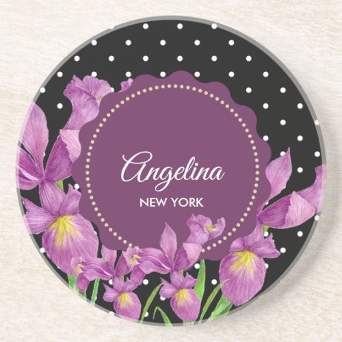 Watercolor Purple Iris Botanical Polka Dots Coaster