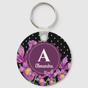 Watercolor Purple Iris Botanical Polka Dots Keychain