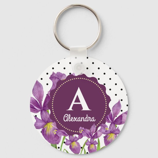 Watercolor Purple Iris Botanical Polka Dots Keychain (Front)