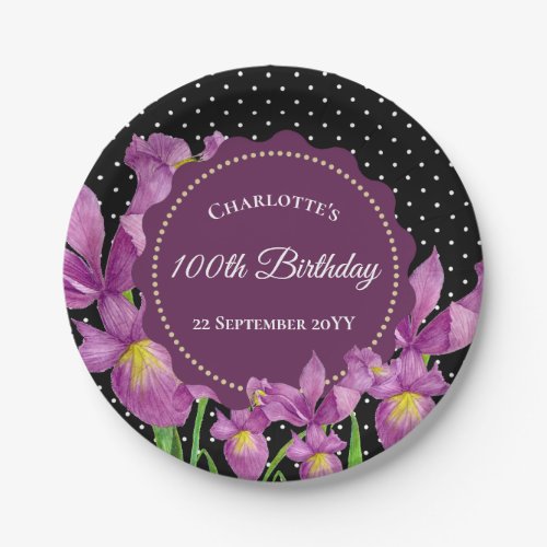 Watercolor Purple Iris Botanical Polka Dots Paper Plates