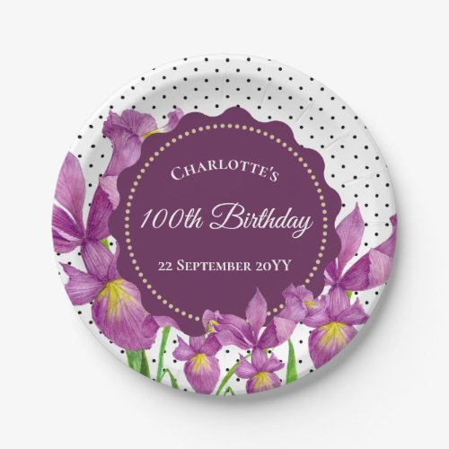 Watercolor Purple Iris Botanical Polka Dots Paper Plates