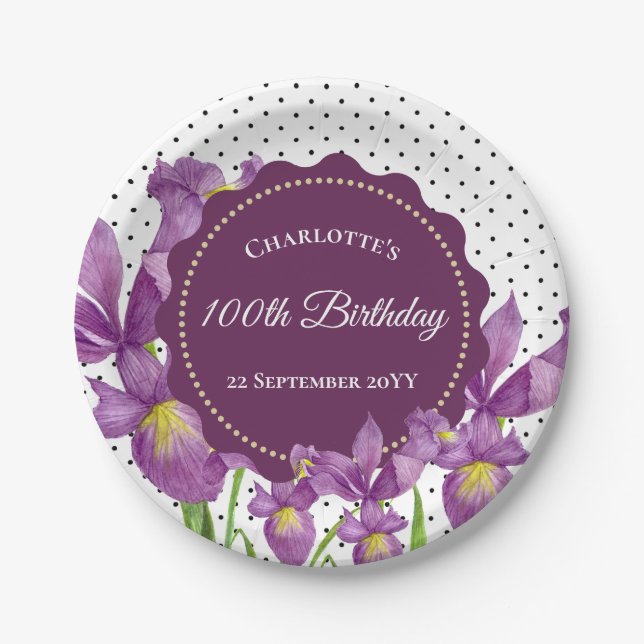 Watercolor Purple Iris Botanical Polka Dots Paper Plates (Front)