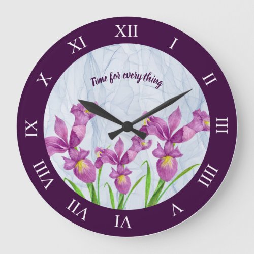 Watercolor Purple Iris Botanical Roman Numbers Large Clock