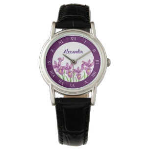 Watercolor Purple Iris Botanical Roman Numbers Watch