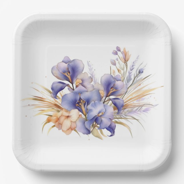 Watercolor Purple Iris Bouquet  Paper Plates (Front)