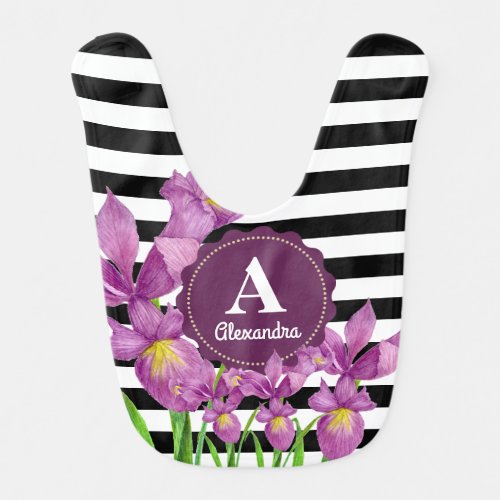 Watercolor Purple Iris Floral Black White Stripes Baby Bib