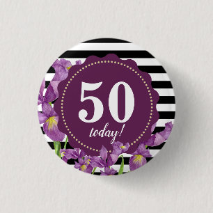 Watercolor Purple Iris Floral Black White Stripes Button