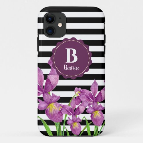 Watercolor Purple Iris Floral Black White Stripes iPhone 11 Case