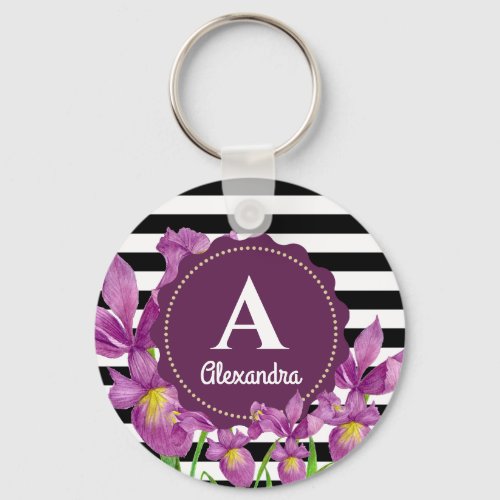 Watercolor Purple Iris Floral Black White Stripes Keychain