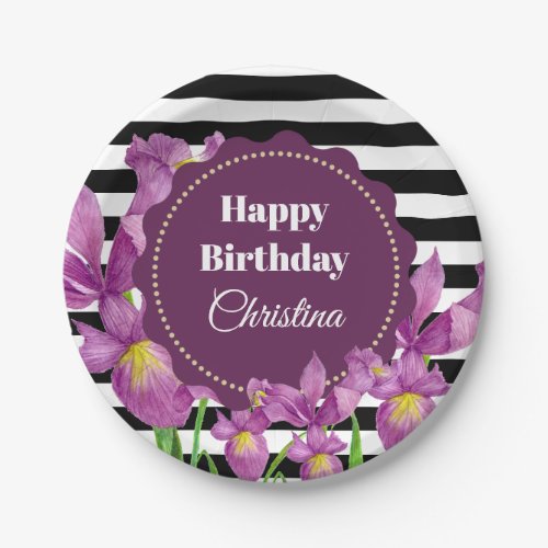 Watercolor Purple Iris Floral Black White Stripes Paper Plates