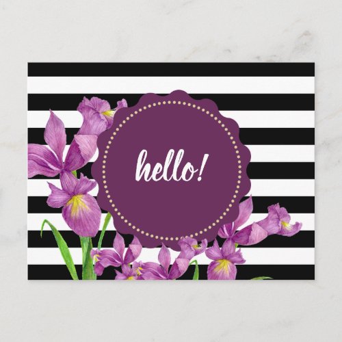 Watercolor Purple Iris Floral Black White Stripes Postcard