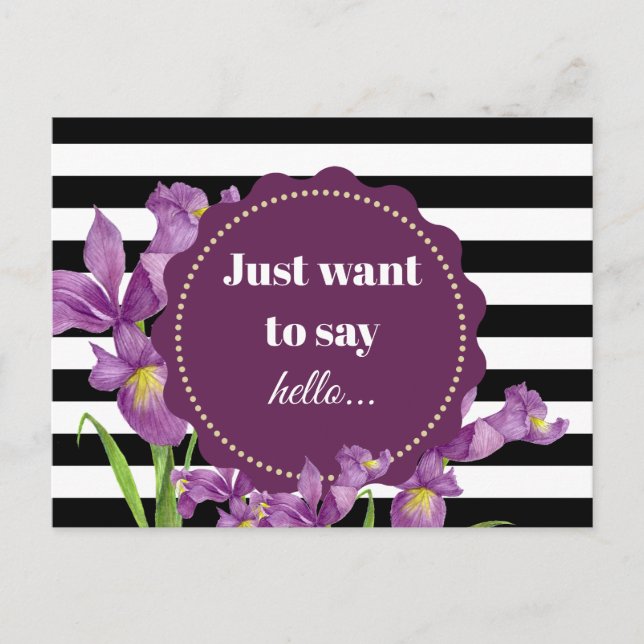 Watercolor Purple Iris Floral Black White Stripes Postcard (Front)