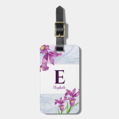 Watercolor Purple Iris Floral Organza Monogram Luggage Tag
