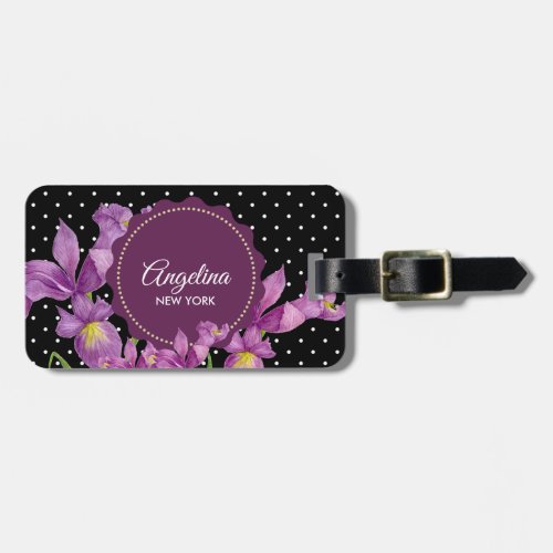 Watercolor Purple Iris Floral Polka Dots Luggage Tag