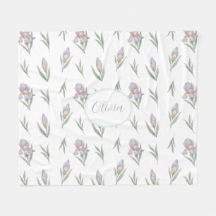 Watercolor Purple Iris Flower Floral Personalized Fleece Blanket