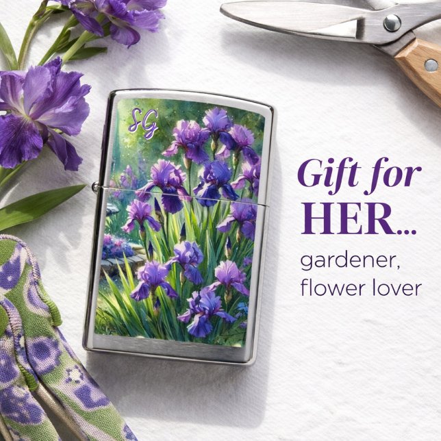 Watercolor Purple Iris Garden Zippo Lighter (Elegant watercolor iris Zippo lighter perfect gift for her, gardener, or flower lover )
