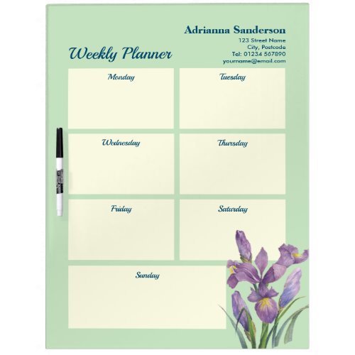 Watercolor Purple Iris Light Green Weekly Planner Dry Erase Board