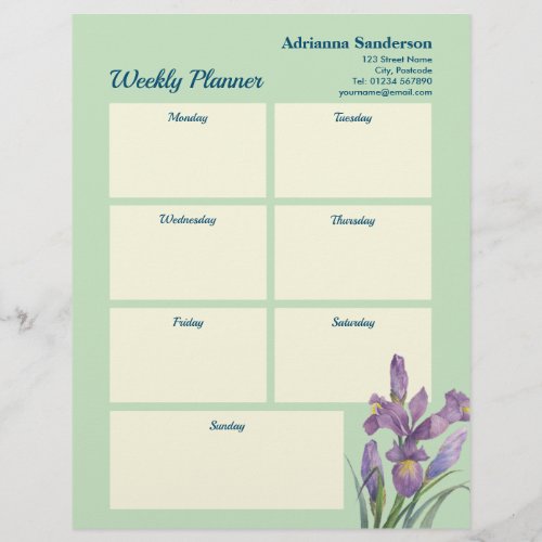 Watercolor Purple Iris Light Green Weekly Planner Letterhead