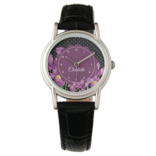 Watercolor Purple Iris Polka Dots Pattern Watch