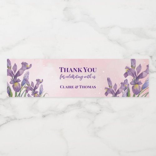 Watercolor Purple Iris Sparkly Pink Background Water Bottle Label
