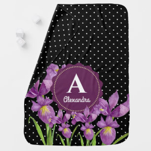 Watercolor Purple Irises Black White Polka Dots Baby Blanket