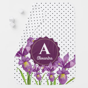 Watercolor Purple Irises Black White Polka Dots Baby Blanket
