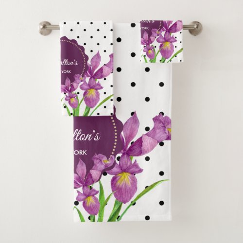 Watercolor Purple Irises Black White Polka Dots Bath Towel Set