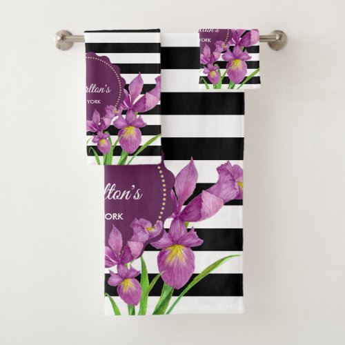 Watercolor Purple Irises Black White Stripes Bath Towel Set
