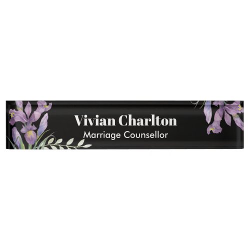 Watercolor Purple Irises Botanical Floral Painting Desk Name Plate