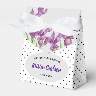 Watercolor Purple Irises with Black White Polkadot Favor Boxes