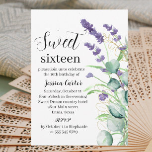 Watercolor Purple Lavender Eucalyptus Sweet 16  Invitation