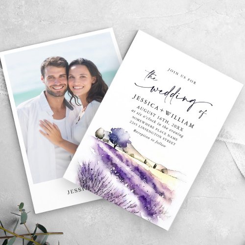 Watercolor Purple Lavender Field Wedding Photo Invitation