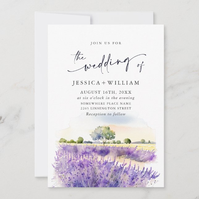 Watercolor Purple Lavender Field Wedding Photo QR Invitation (Front)