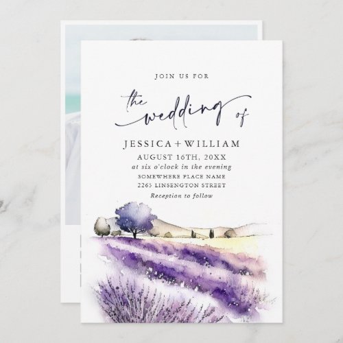 Watercolor Purple Lavender Field Wedding Photo QR Invitation