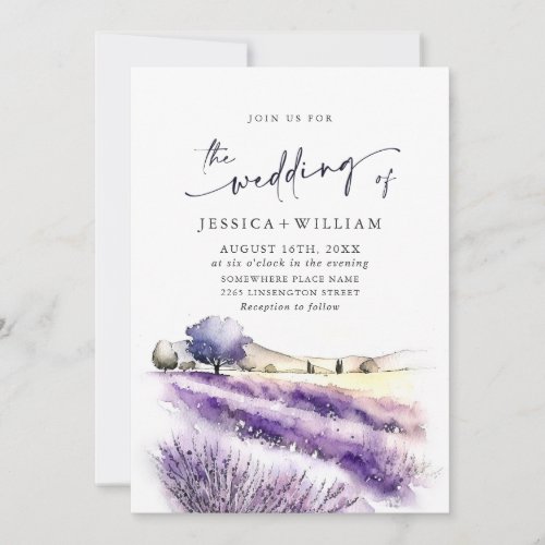 Watercolor Purple Lavender Field Wedding QR code Invitation