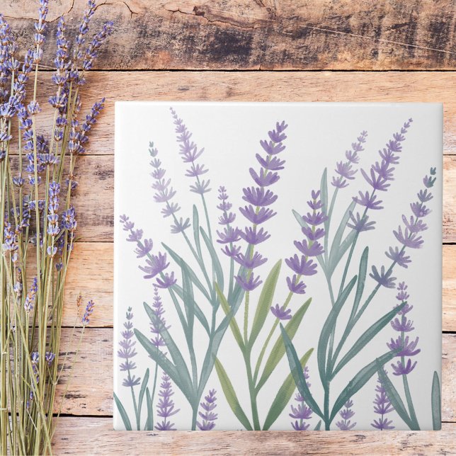 Watercolor Purple Lavender Floral Ceramic Tile (Close up)