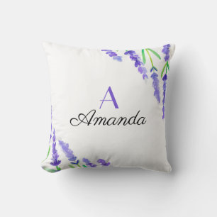 Watercolor Purple Lavender Floral Name Monogram Throw Pillow
