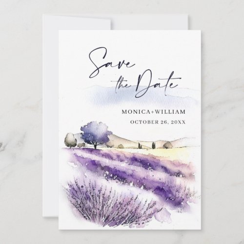 Watercolor Purple Lavender Flowers Field Wedding Save The Date