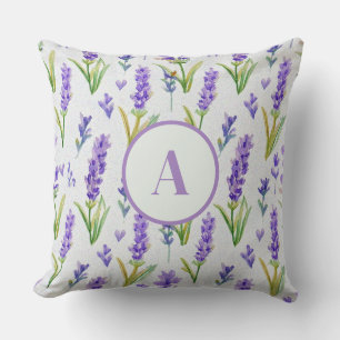 Watercolor Purple Lavender Pattern Monogram Throw Pillow