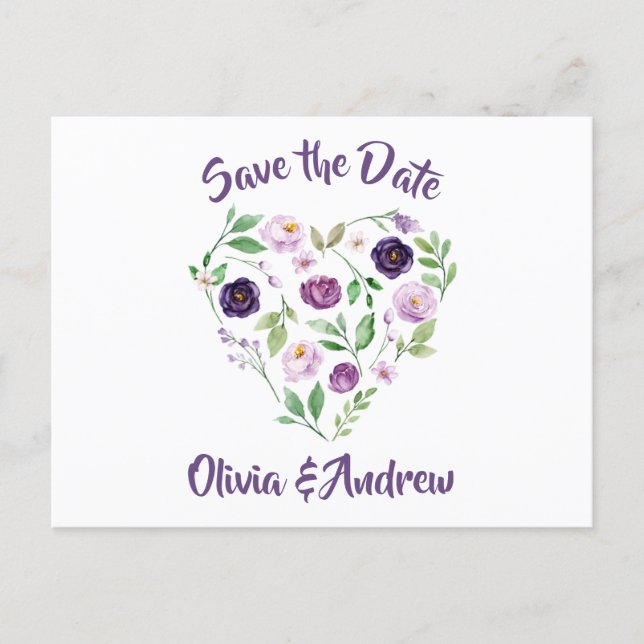 Watercolor Purple & Lavender Roses Save The Date Announcement Postcard (Front)