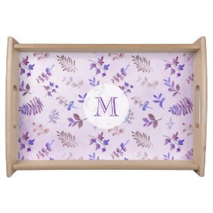 Watercolor Purple Leaves & Foliage Monogram Serving Tray