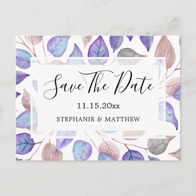 Watercolor Purple Leaves Wedding Save The Date Announcement Postcard (Front)