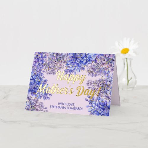 Watercolor Purple Lilac Flowers Mothers Day Gold Foil Holiday Card