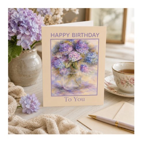 Watercolor Purple Lilac Hydrangea Flowers Birthday Cards